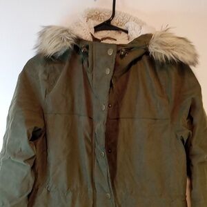 Aeropostale Winter Jacket Coat Full Zip & Button Faux Fur Hood Women's Sz S EUC